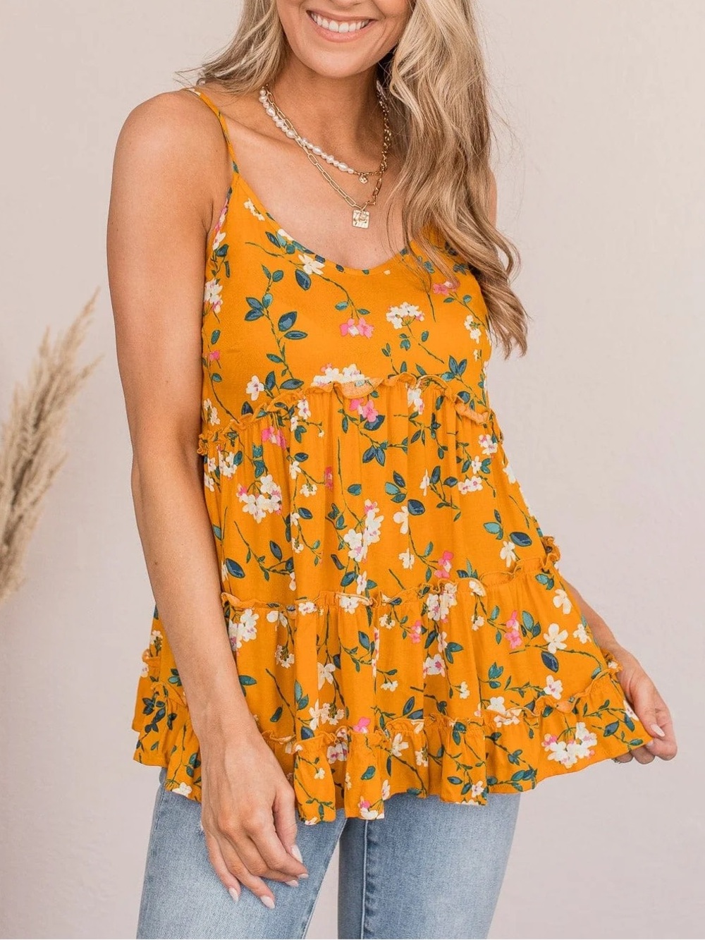ANDREE BY UNIT Mustard Floral Tiered Tank Top